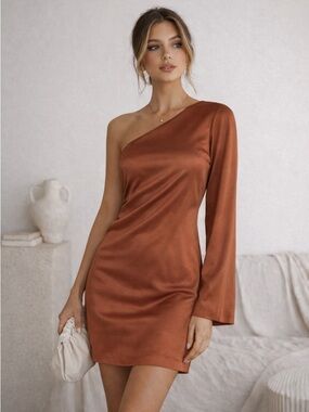 DO+BE One Shoulder Satin Mini Dress Rust Asymmetrical Sleeve Size 6